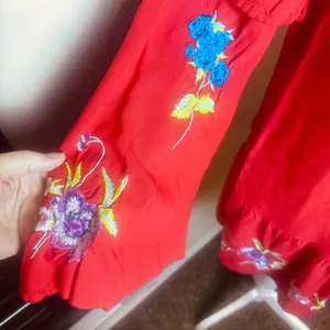 ASOS Red Embroidered Floral Mini Dress V-Neck Ruffle Sleeve Boho Shift US 4 thumbnail 3