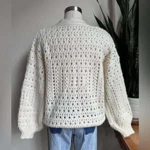Cream Cardigan Chunky Knit Grandpa oversized‎ fit Cozy Open Weave Boho small thumbnail 4