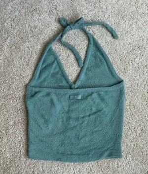 Gymshark x Whitney Simmons Eyelash Fuzzy Teal Halter Top with Tie Neck thumbnail 2