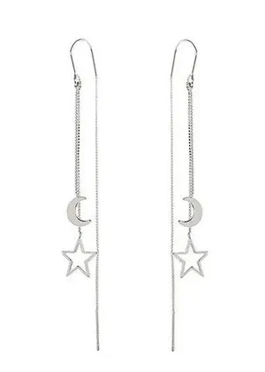 Silver Moon Star Threader Long Tassel Earring Chain, Drop Dangle Woman Earrings thumbnail 8