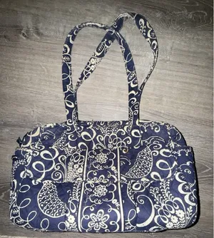 Vera Bradley Navy And White Floral Print Twirly Bird Pattern Zip Up Tote Bag thumbnail 1