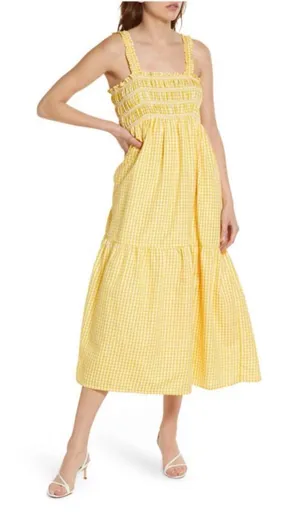 French Connection Yellow Gingham Smocked Midi Dress Size 6 thumbnail 1