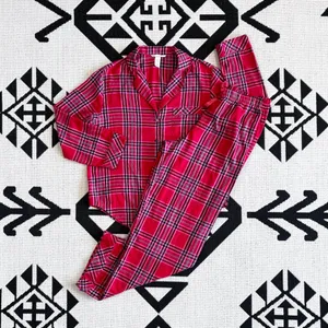 Victoria’s Secret Flannel Long PJ Set in Lipstick Bold Lurex Plaid Small thumbnail 3