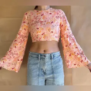 Zara Paisley Printed Open Back Bell Sleeve Crop Top 7521 thumbnail 3