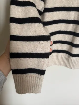 Women's H&M Pullover Sweater Beige Ivory / Black Stripe Vneck Collar Size S thumbnail 5
