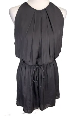 Massimo Dutti Pleated Romper Womens‎ M Black Drawstring Waist Minimalist thumbnail 1