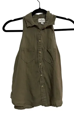 American Eagle Sleeveless Button Down Safari Olive Green Split Back XS‎ Boho thumbnail 1