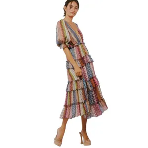 Ciebon Madelyn Puff Sleeve Tiered Maxi Dress M Pockets Boho Cottage Western thumbnail 2