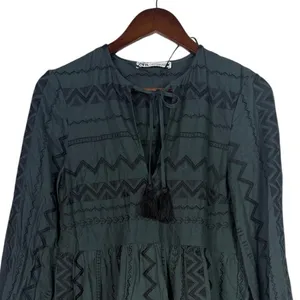 Zara Boho Oversized Embroidered Long Sleeve Mini Dress Tassel V Neck XS Green thumbnail 3