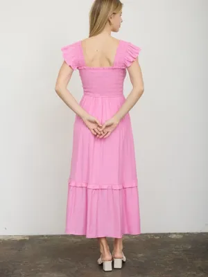 Mock Button Down Smocked Ruffle Detail Midi Dress Pink thumbnail 3