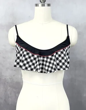 Houndstooth Bikini Top Women‎ Large Ruffle Stretch Retro Beach Preppy Chic thumbnail 1