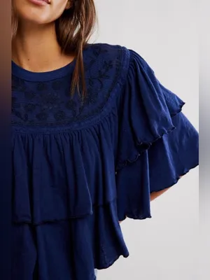 Free People Rose Party Tee Blouse Top Swingy Lace Embroidered Ruffle. Small thumbnail 2