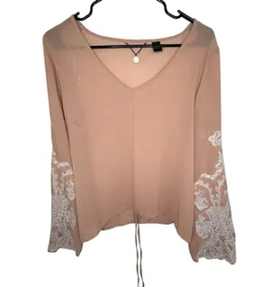 BKE Pink Sheer Lightweight Blouse With Lace Embroidered Bell Sleeves thumbnail 1