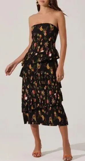 ASTR The Label Plisse Asymmetric Tiered Ruffle Strapless Midi Dress L thumbnail 1
