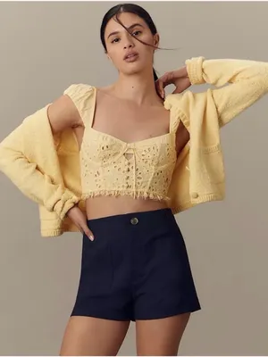 Anthropologie Puff-Sleeve Yellow Eyelet Corset Top thumbnail 1