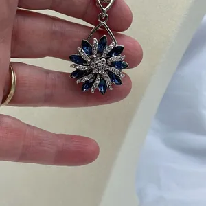 Sapphire CZ’ large flower pendant on a long 21” rope chain thumbnail 2