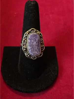 Vintage Boho Purple Purpurite Druzy Ring Antiqued Silver Tone Scalloped Border thumbnail 4