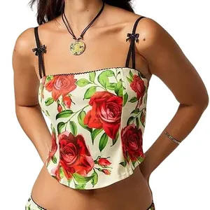 Jaded London Scarlett Satin Corset Top Womens 4 Ivory Red Rose Floral Coquette thumbnail 1