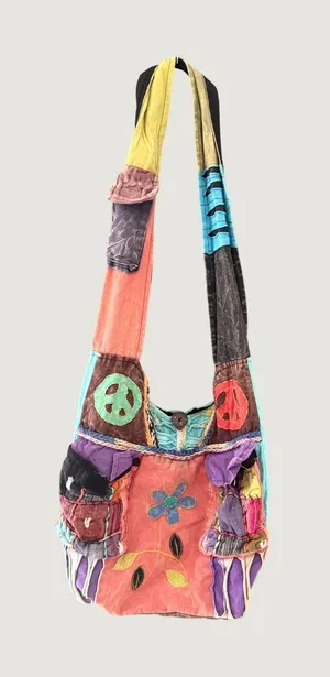 Rising International Patchwork Peace Sign Boho Crossbody Bag Nepal Cotton Multi thumbnail 1
