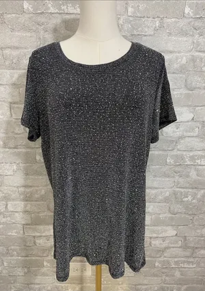 Studio Y Shimmery Short-Sleeve Knit Top - Black/Silver thumbnail 1