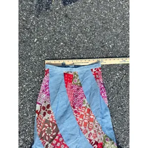 70s Vintage Spiral Patchwork Maxi Skirt Blue Denim Boho Floral Red Pink 23 Waist thumbnail 5