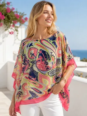 Talbots Pink Paisley 100% Silk Chiffon Beach Summer Coverup Blouse Top thumbnail 1