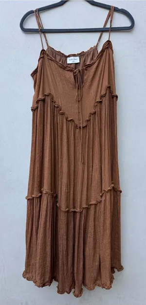 Marlowe Sirena Maxi Dress Brown Boho Ruffle Tiered Crinkle Gauze M thumbnail 1
