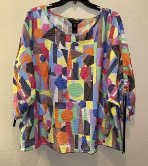 Ali Miles Women's Woven Top Geometric 3/4" Dolman Sleeves W/Ties Sz XL NEW Flowy thumbnail 1