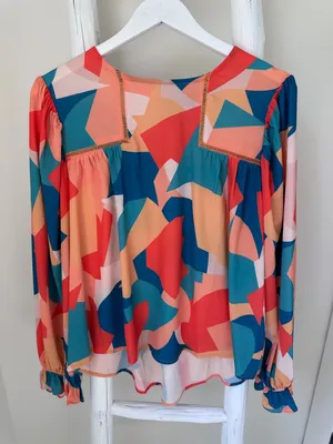 Vici Teal, Orange & Cream Abstract Balloon-Sleeve Blouse thumbnail 2