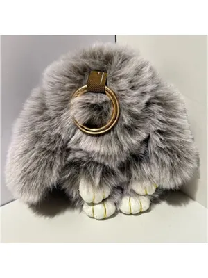 NEW Gray Faux Fur Bunny Rabbit Bag Charm Keychain with Gold Silver Ring Clips thumbnail 3