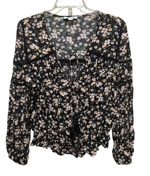 American Eagle Floral Peplum Blouse Black Womens Size Large Long Sleeve Boho thumbnail 1