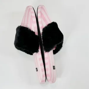 Victoria's Secret Faux Fur Trim Striped Slippers Pink Black‎ Large thumbnail 5
