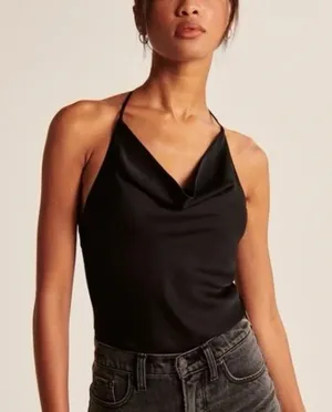 Abercrombie Satin Cowl Neck Bodysuit Size Small Black Minimal Elegant Going Out thumbnail 1