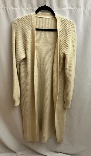 Cream Long Open Front Ribbed Knit Duster Cardigan Large thumbnail 1