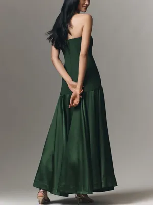 Hutch Anthropologie Strapless Satin Gown in Deep Green Maxi Dress thumbnail 2