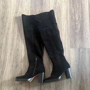Free People Black Tall Boots Size 8 Leather Platform Square Toe Heeled thumbnail 2