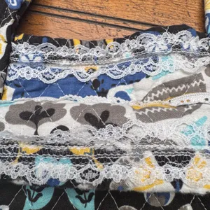 Quilted Butterfly Print Tote Bag Black‎ Blue Yellow Floral Interior Lace Trim thumbnail 4