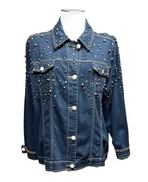 The Quacker Factory Rhinestone Pearl Studded Denim Jean Jacket Blue Large thumbnail 1