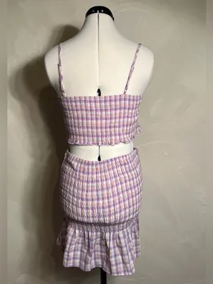 Timing Women’s Smocked Lilac Plaid/Gingham Babydoll Skirt & Top Matching Set|LRG thumbnail 4