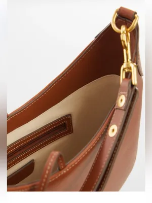 Mango MNG- round Saddle Shoulder tote Bag cognac chestnut Brown, Gold Hardware thumbnail 5