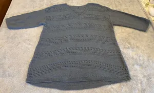 V-Neck Openwork 3/4 inch Sleeve Knit Sweater - Dusty Blue size X-LARGE thumbnail 1