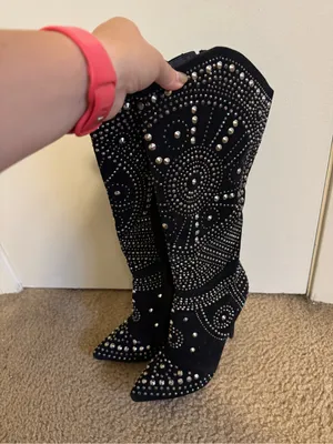 Olivia Miller Black Faux Suede Studded Knee High Stiletto Boots Size 7 thumbnail 4