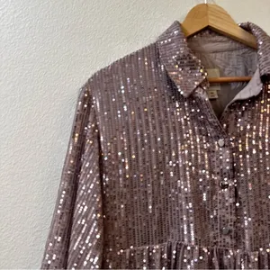 Anthropologie Maeve Bettina Mini Shirt Dress in Sparkly Silver Sequins Size XS‎ thumbnail 5