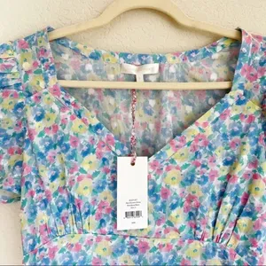 NWT‎ LOVESHACKFANCY Hutchinson Floral Midi Dress Rainbow Blast blue pink v neck thumbnail 5