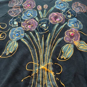 Vintage 80s Hand Painted Floral Puffy Paint Sweatshirt XL Black Made in USA thumbnail 4
