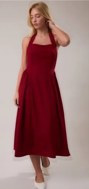 NEW Le Lis Burgundy Halter Midi Dress with Lace Trim – Medium thumbnail 1