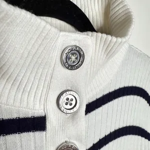 Lauren  Big Button High Neck Striped Pullover Sweater Small White thumbnail 2
