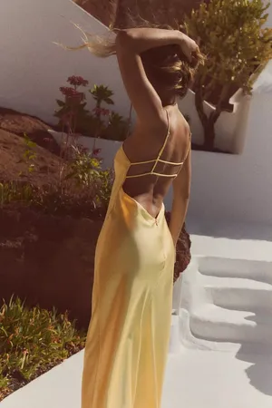 Zara maxi dress flowy butter yellow satin effect wedding evening party thumbnail 14