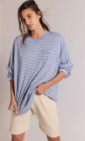 Free People All Over Stripe Cotton T Shirt Blissful Blue Combo thumbnail 1