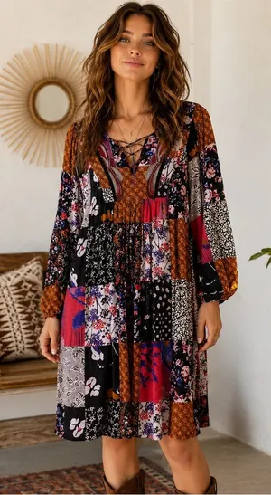 Anthropologie One September Womens Sz L Patchwork Tunic Dress Embroidered Beaded thumbnail 1